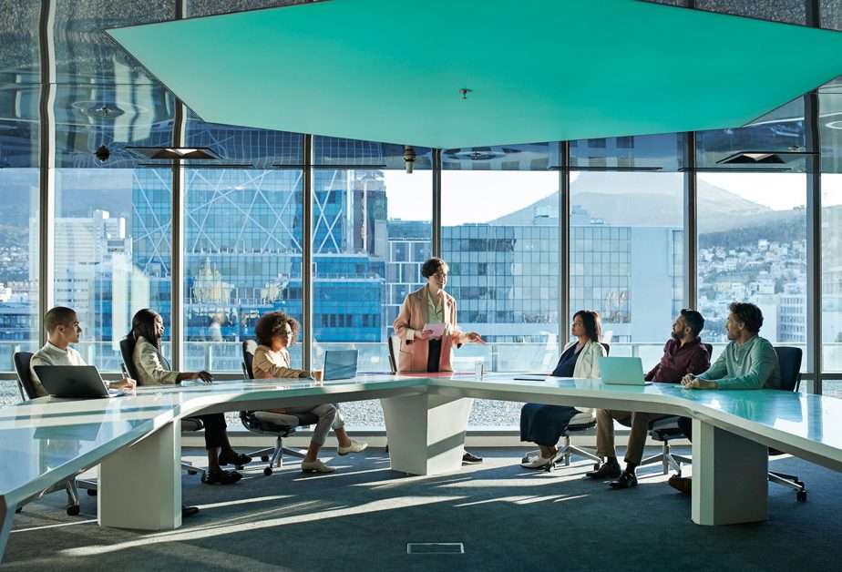 A diverse group of professionals in a conference room, engaged in a meeting on sustainability.