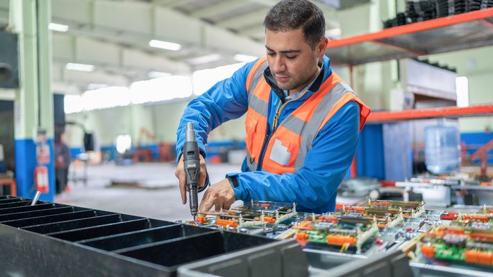 a Male factory worker on an electronic goods assembly line. 